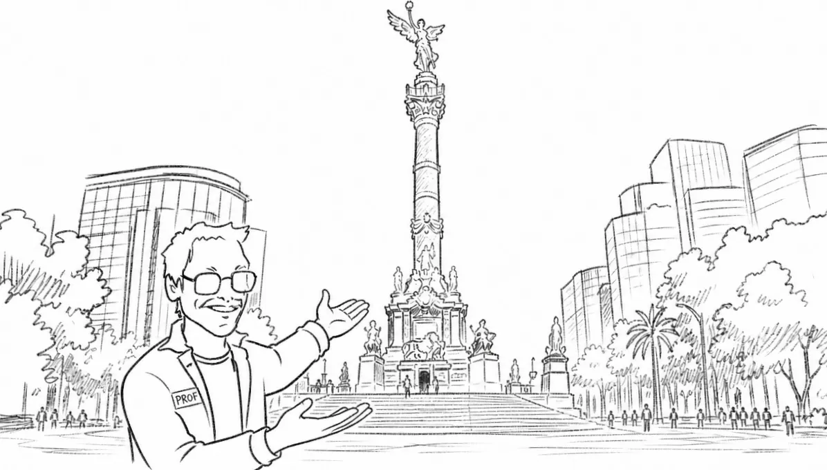 Black-and-white illustration of Soke presenting the Angel of Independence in Mexico City